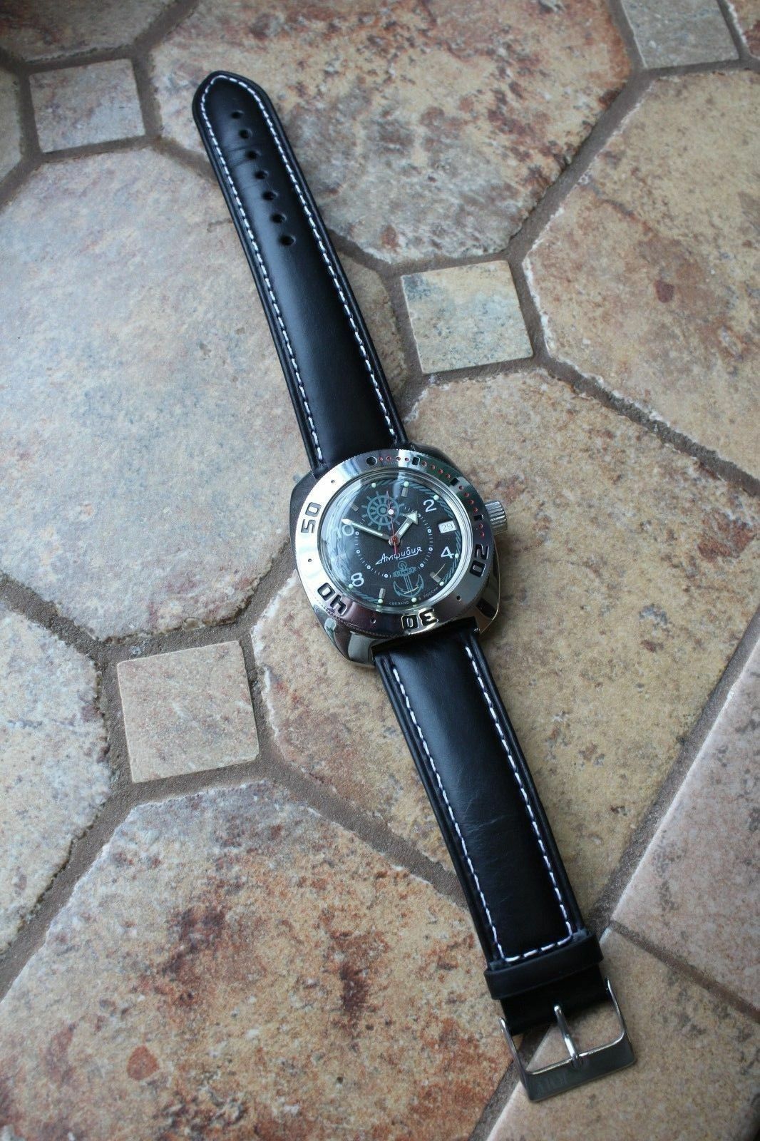 Russian Mechanical Automatic Wrist Watch VOSTOK AMPHIBIAN Leather Band 710526-L1