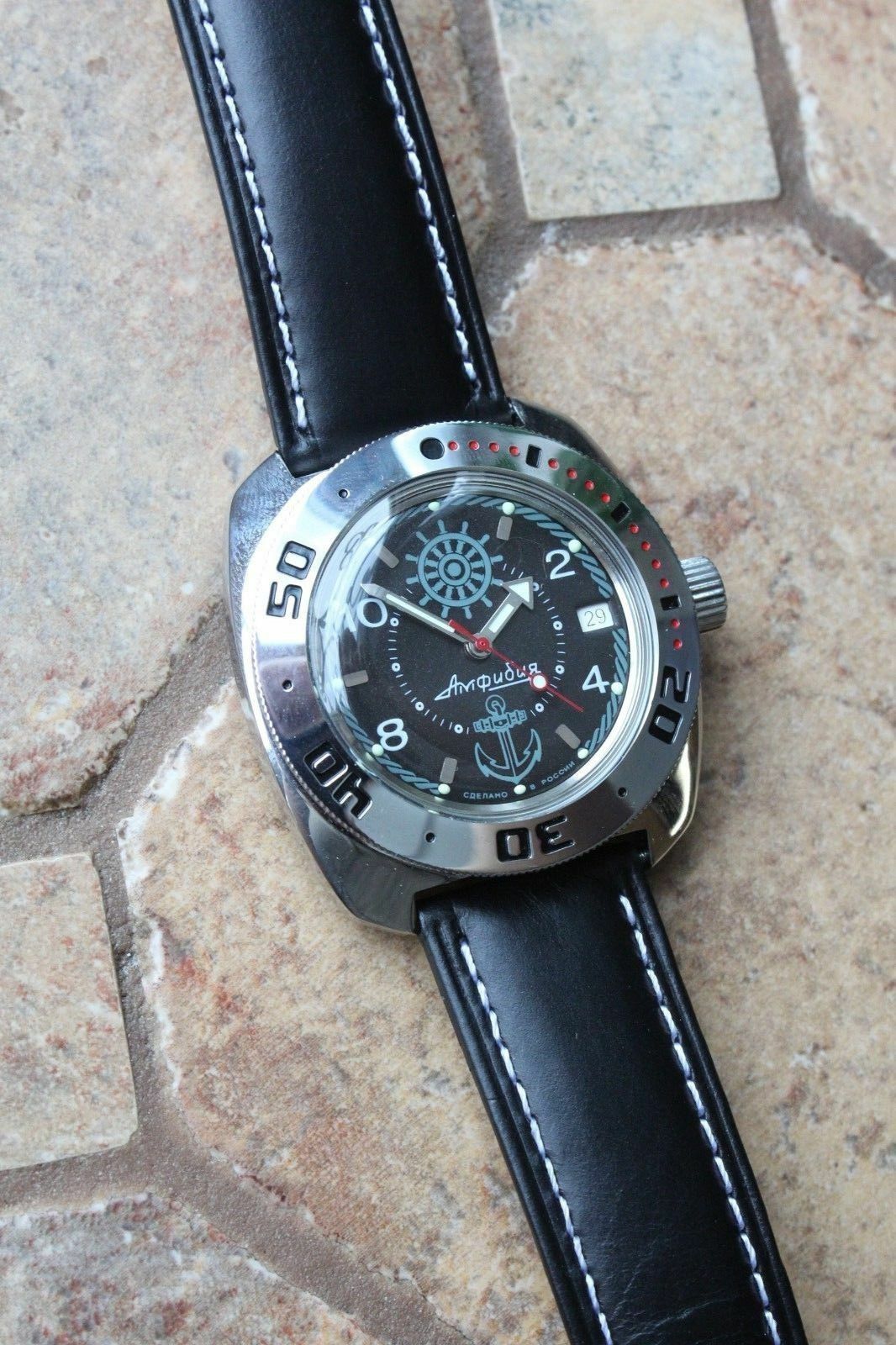 Russian Mechanical Automatic Wrist Watch VOSTOK AMPHIBIAN Leather Band 710526-L1