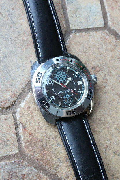 Russian Mechanical Automatic Wrist Watch VOSTOK AMPHIBIAN Leather Band 710526-L1