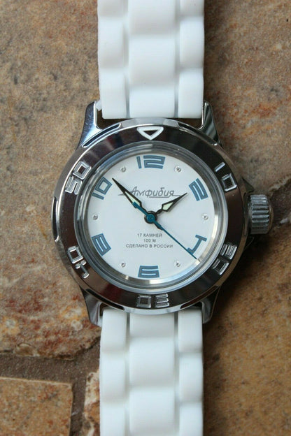 Vostok Amphibian 051458 Mechanical Women Female Russian wrist watch White Blue
